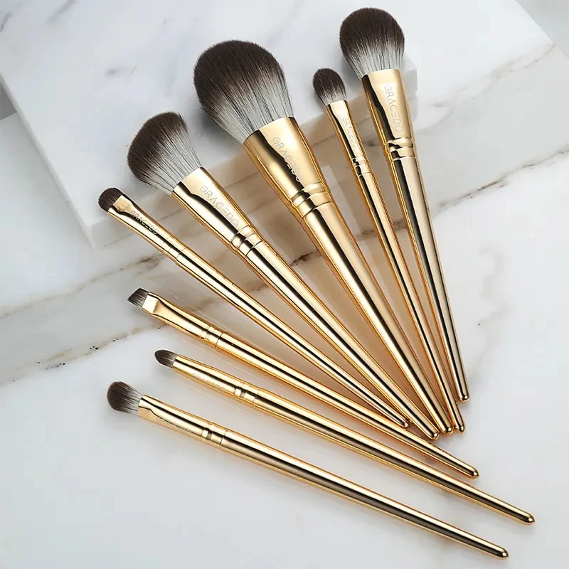 

8 Pcs Gold Conical Vegan Makeup Brushes Professional Custom Private Label Make Up Brush Set With Bag Synthetic Fiber Makeup Brus