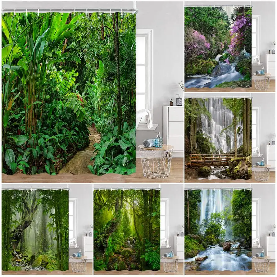 

Tropical Jungle Landscape Shower Curtain Forest Palm Trees Vines Plant Waterfall Rainforest Scenery Bathroom Curtains Home Decor