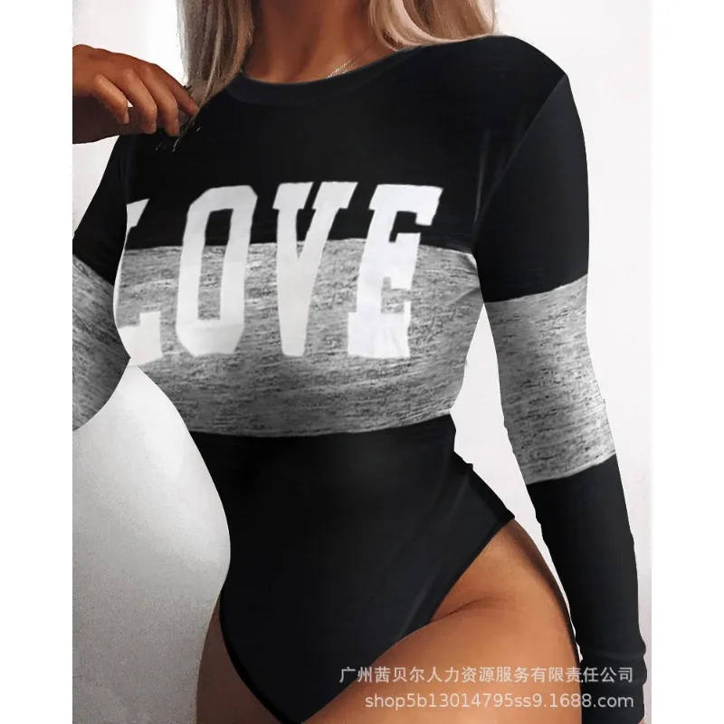 

2024 Spring Summer New Women's Clothing Printing Color Contrast round Neck Long Sleeve Jumpsuit