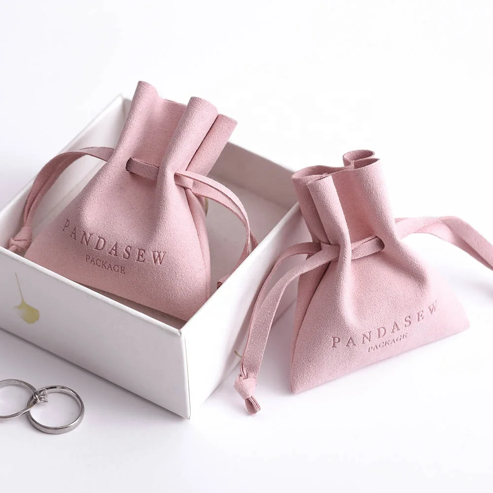 

50PCS 8*7cm Luxury Custom Jewelry Pouches with Logo Pink Microfiber Small Gift Drawstring bag Gifts for Wedding, Birthday, Engag