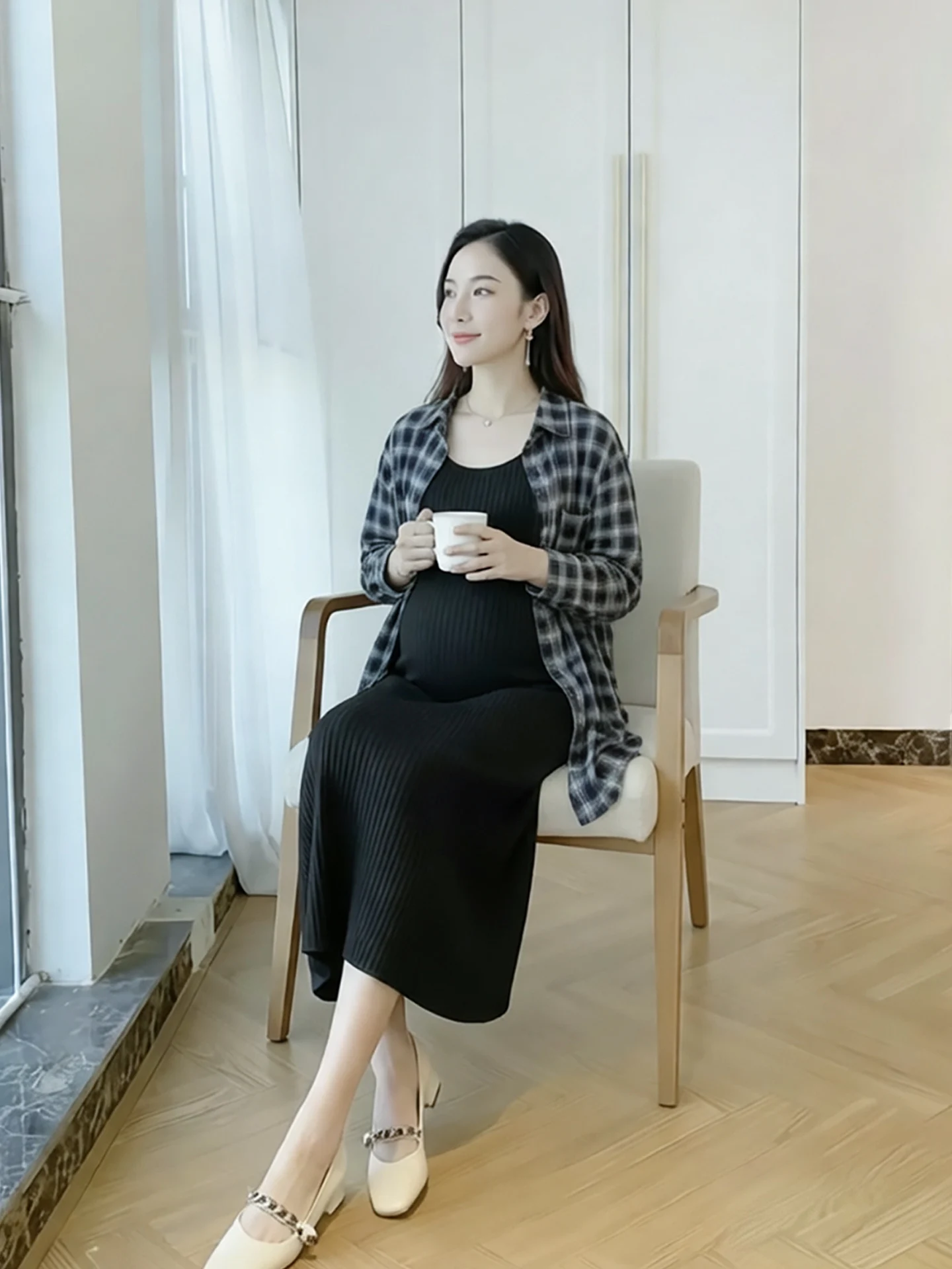 출산 복장 드레스 블랙 캐주얼 루즈 긴 소매 탑 체크 무늬 셔츠 여성 패션 봄 여름 신상품