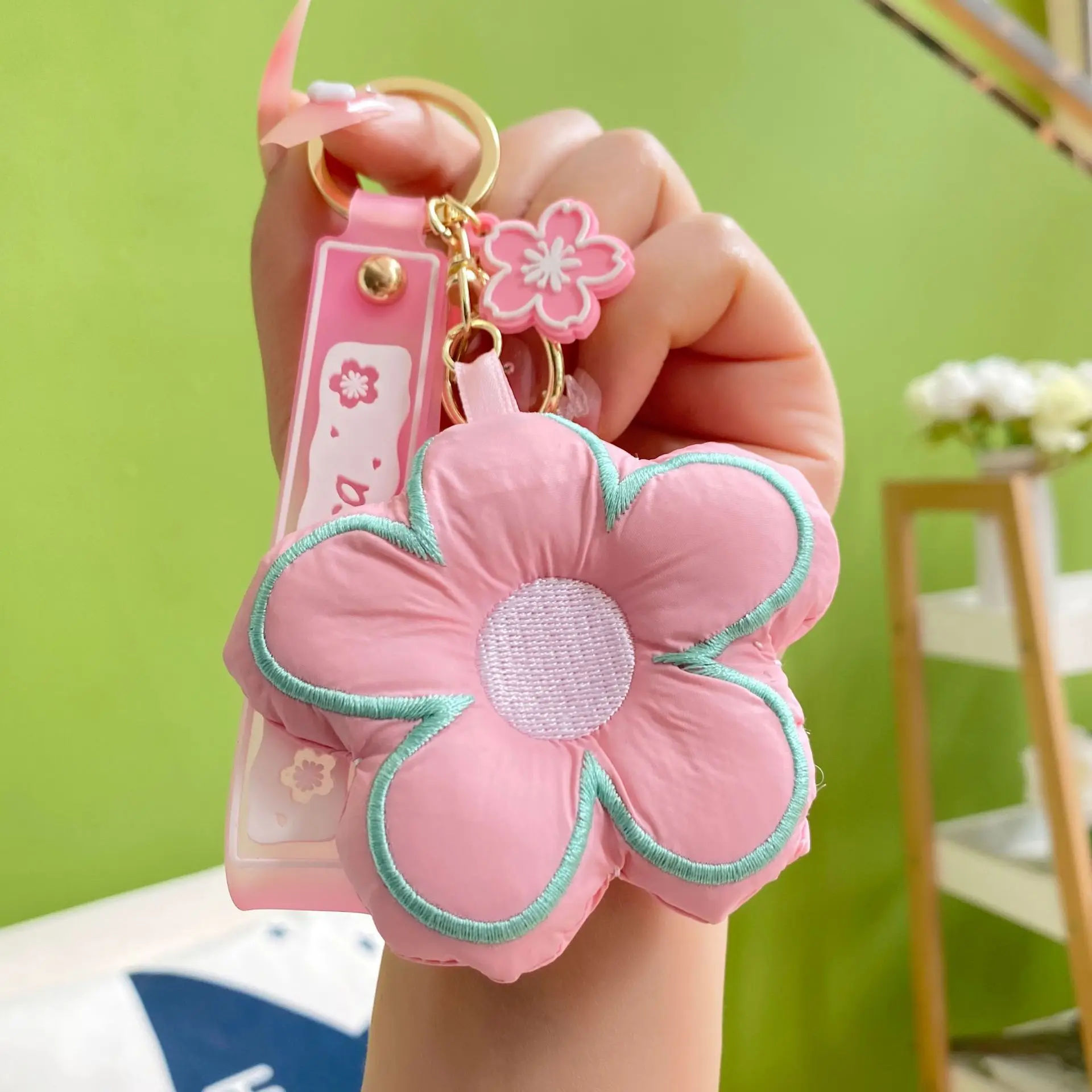 Cute Style Small Flower Keychain Personalized Fabric Imitation Cotton  Embroidery Schoolbag Pendant Bag Charm Gifts For Women