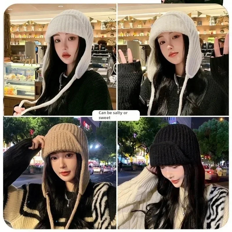 Fashion Ear Protection Knit Hat Winter Warm Cold Proof Flying Cap Solid Color Woolen Crochet Bonnet Korean Women Wool Beanie 6