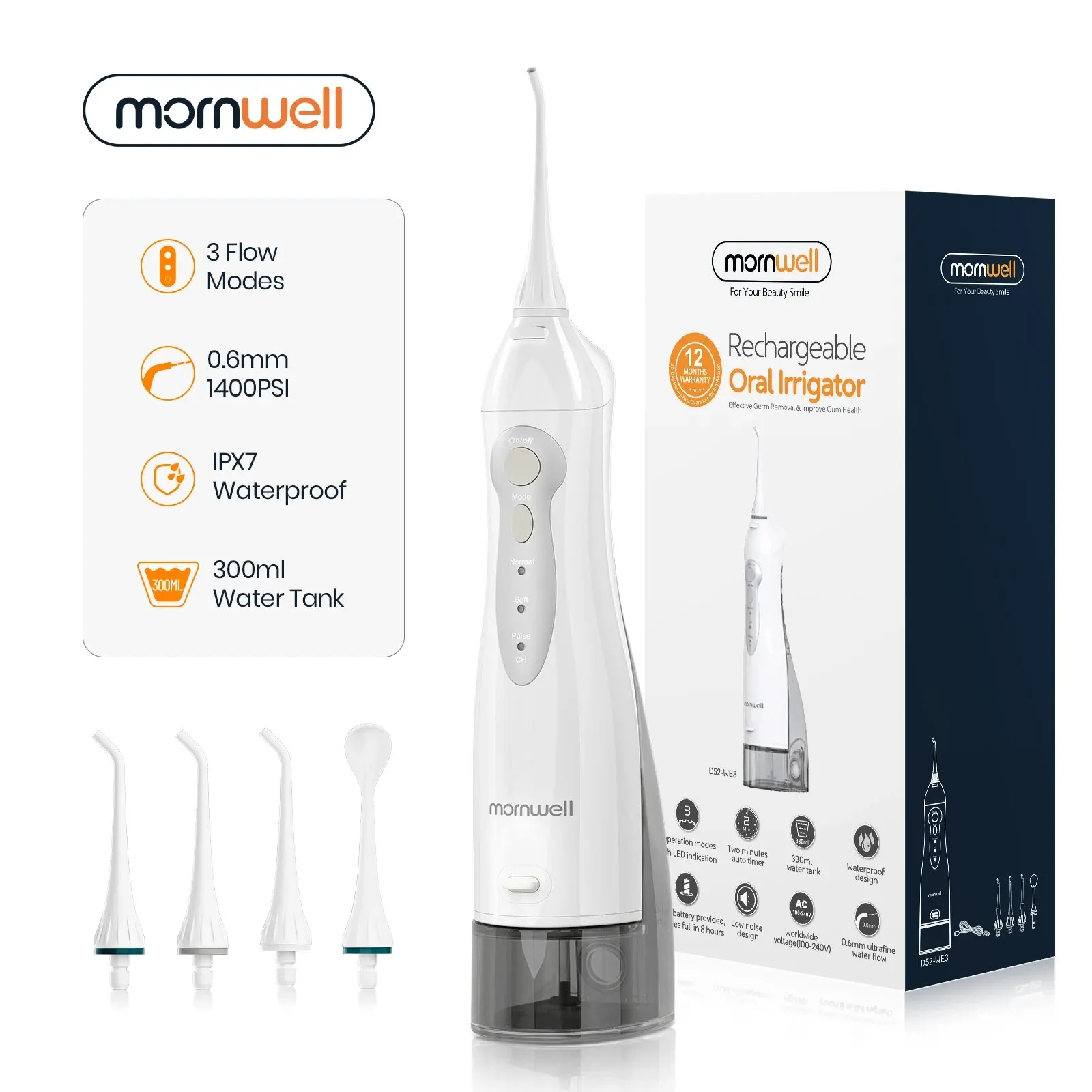 Mornwell D52 Oral Irrigator USB Rechargeable Water Flosser Portable Dental Water Jet 300ML Water Tank Waterproof Teeth Cleaner