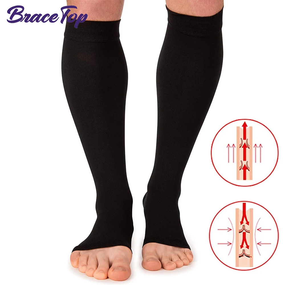 BraceTop Long Calf Compression Sleeve 20-30mmhg Leg Support Graduated Open Toe Pressure Socks Shin Splints for Running, Cycling