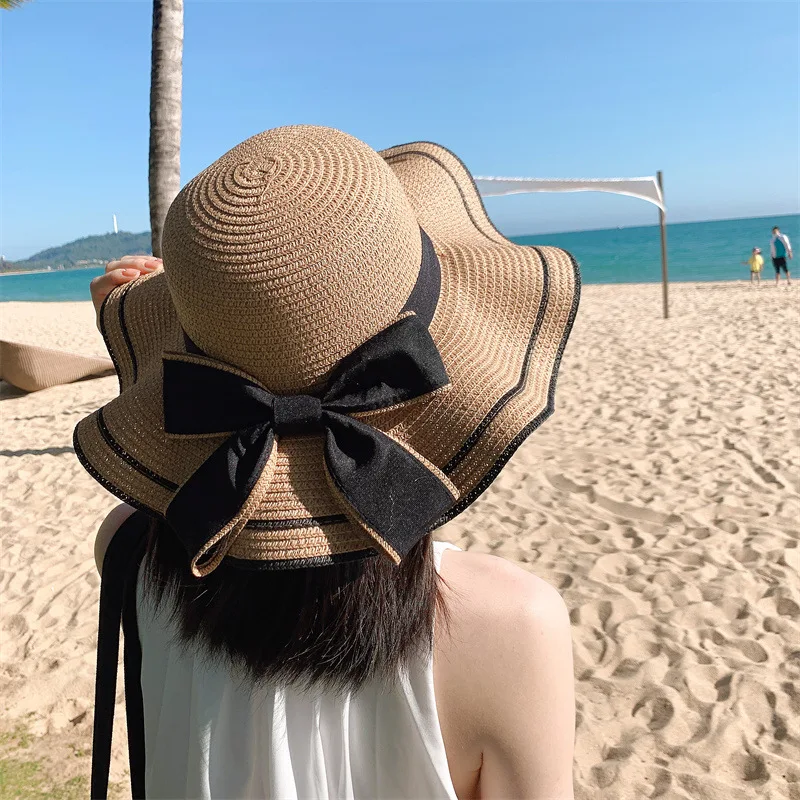 Breite Krempe Floppy Beach Bowknot Panama Lady Casual Sonnenhüte für Frauen Strohhut_voghion.com