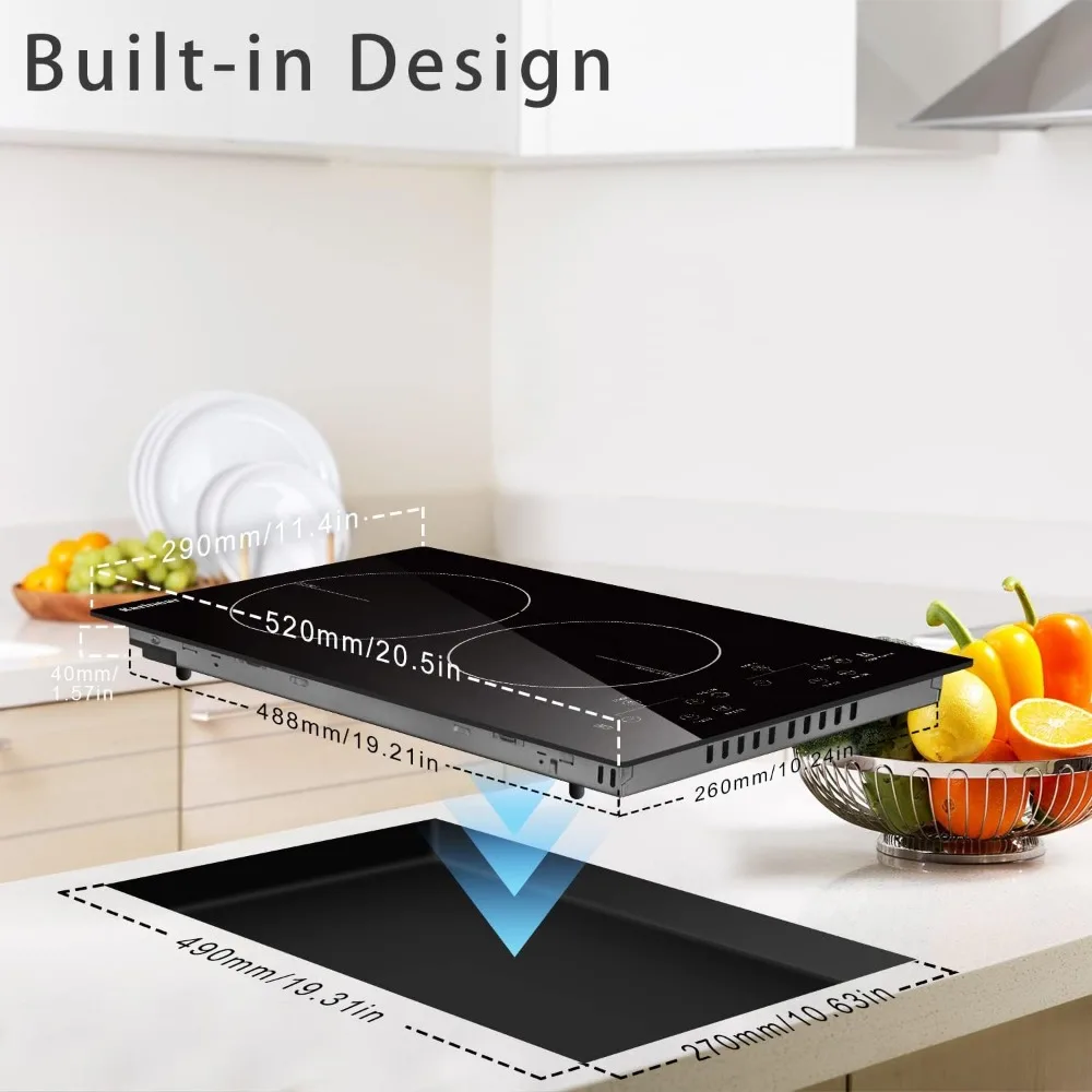 2 Burners Electric Cooktop, 120v Plug in Ceramic Cooktop, 12 Inch Countertop & Built-in Electric Stove Top with Child Safety