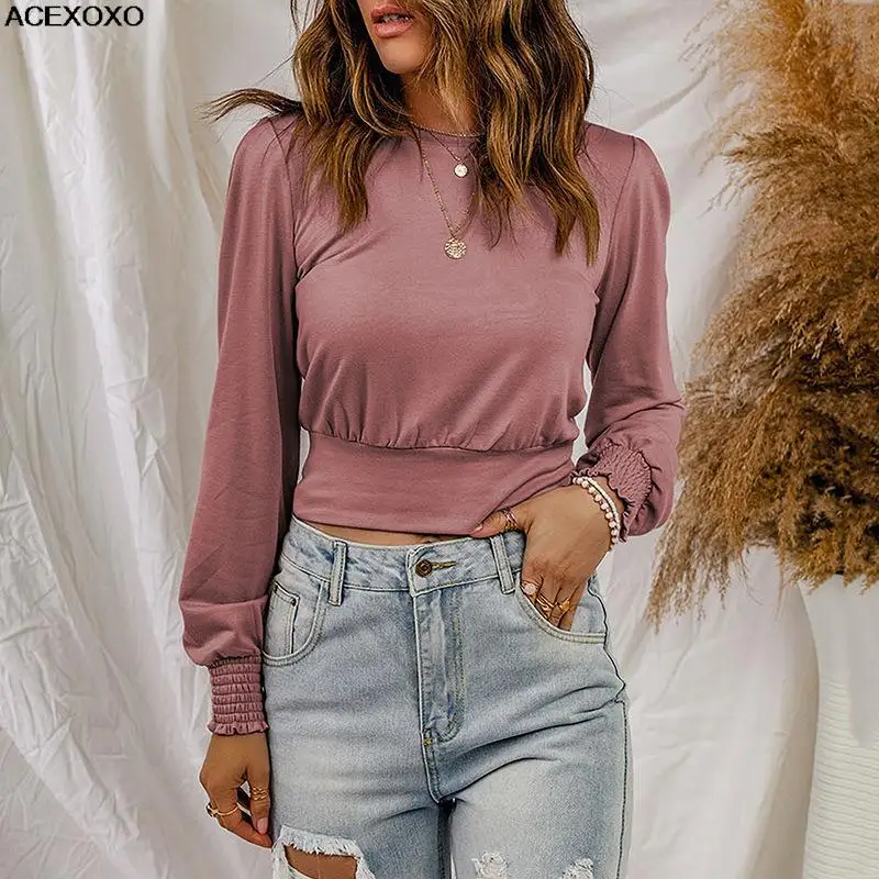 

Round neck long sleeve blouse female age season when new contracted joker cultivate one's morality show thin T-shirt short girl