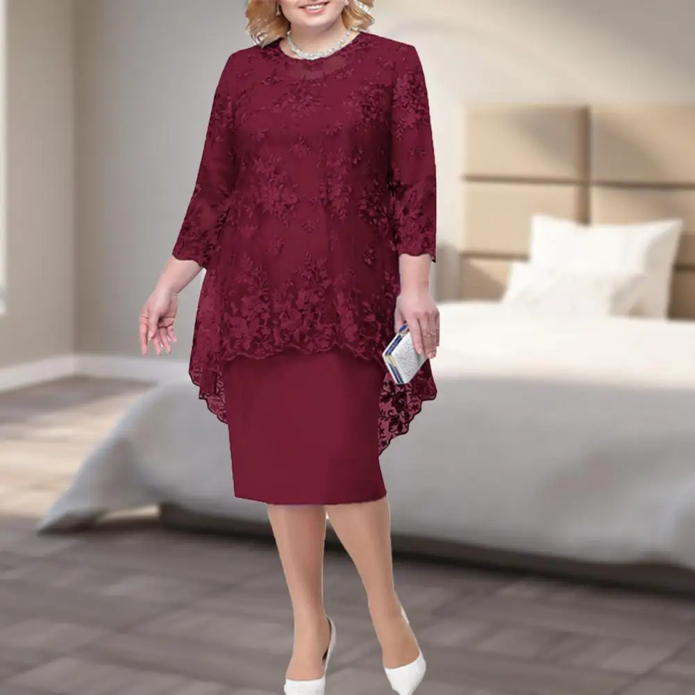 

Charming Lady Dress Slim Breathable Female 3/4 Sleeve Evening Dress Solid Color Midi Dress for Work