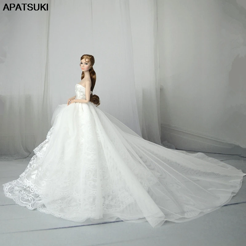 White Lace Handmade Wedding Dress Barbie Doll Outfits Princess Evening Party Ball Long Gown Skirt Bridal Dress Accessories doll clothes barbie doll clothes