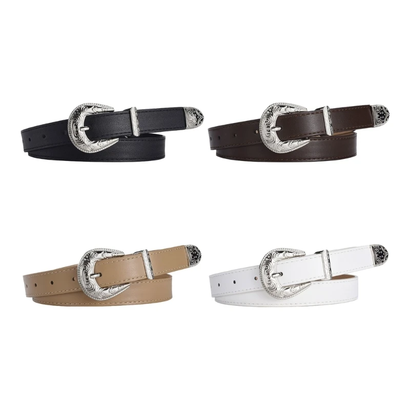 Wear-resistant Adult Waist Belts with Carved Floral Buckle Ladies PU Waistband Dropship