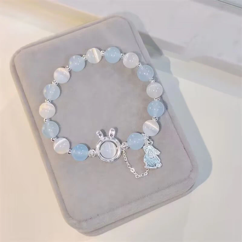 

Rabbit Pendant Opal Beaded Bracelet Ins Aqua Blue Moonstone Crystal Hand String Chain For Girlfriend Couple's Gifts Jewelry
