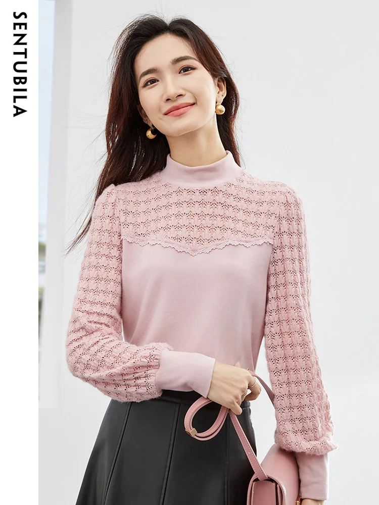 

Sentubila 2024 Spring Lace Shirt Women Elegant Half Turtleneck Knitted Bottoming Shirt Lady Long Sleeve Hollow Out Top 134S51947