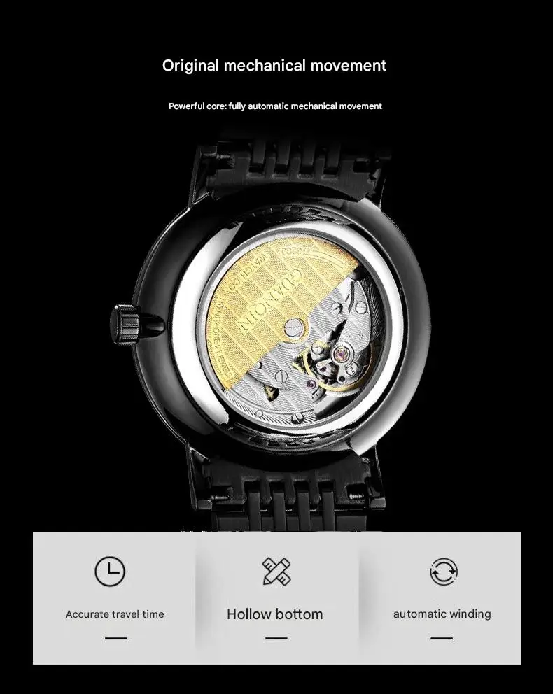 Orologio da polso da uomo GUANQIN con scheletro automatico, meccanico, a carica automatica, in acciaio inossidabile, luminoso, stile vintage, con zaffiro e impermeabile_voghion.com