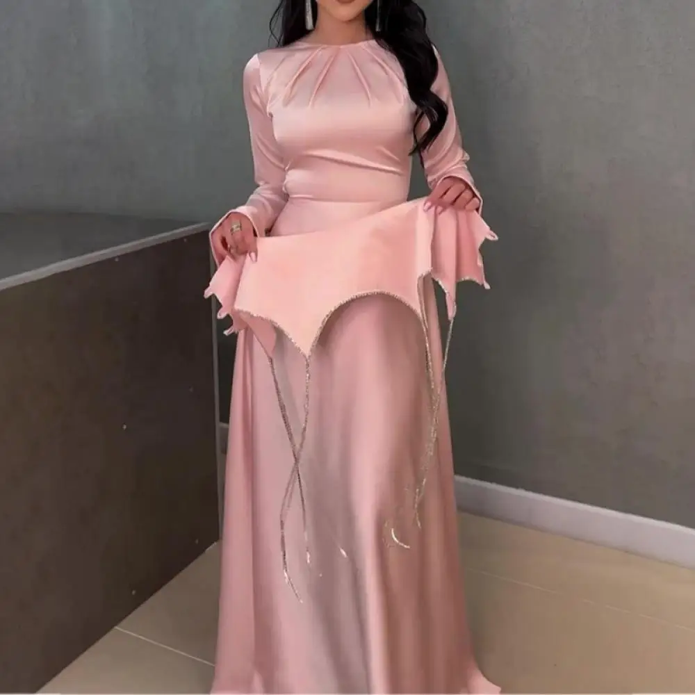 

Solid Color Long Sleeve Dress Chain Waist Full Dresses Mid-Waist Round Neck A-Line Vestidos Stylish Slim Vestido for Party