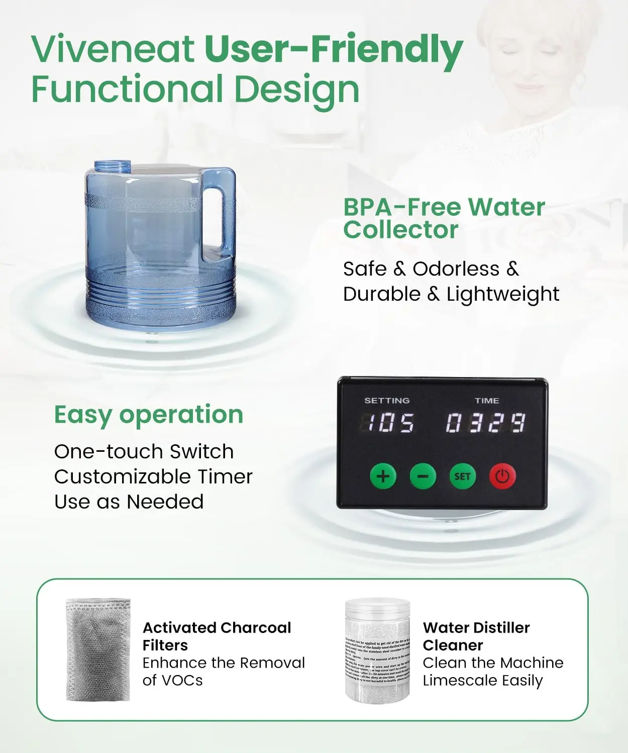 750W Countertop Water Distiller with 304 Stainless Steel, 4L Tank, Customizable Temperature and Timer, and One-Touch Operation