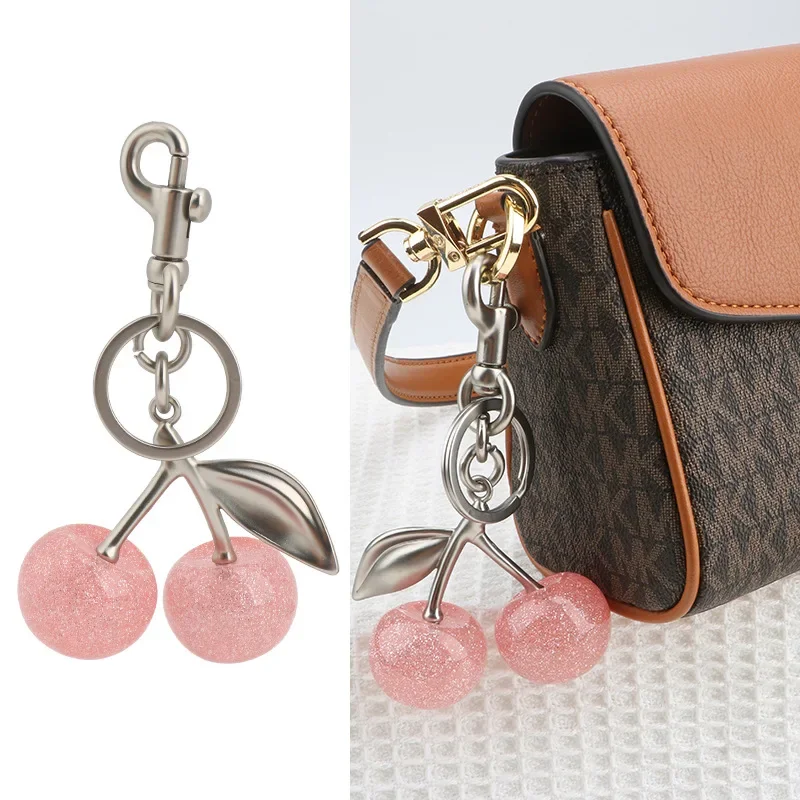 Sparkling Pink Crystal Cherry Charm Keychain For Coach Handbag