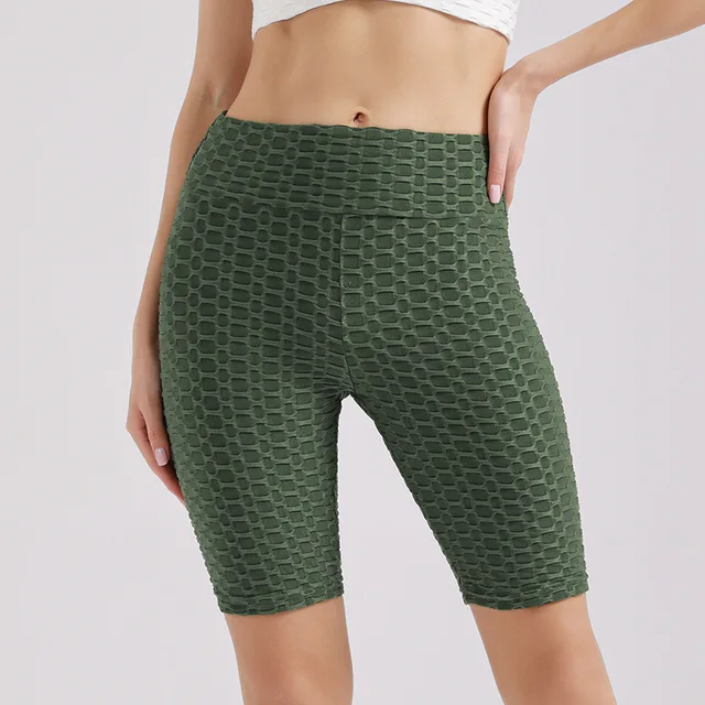 Tight yoga shorts women's high waist hip lift workout shorts bubble jacquard shorts women's pants Army Green