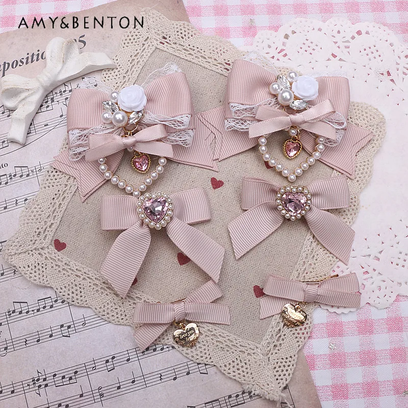 Handmade Japanese Barrettes Women's Sweet Cute Pearl Flower Heart Shape Rhinestone Pendant Bow Hair Clips Accessories Headdress