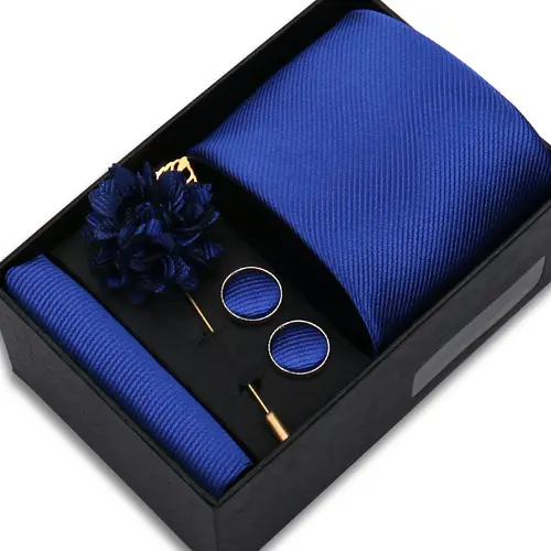 Top Quality Solid color Ties Hanky Cufflinks Brooch Set Elegant Jacquard Necktie For Men Business Wedding In Gift Box Gravatas - Image 4