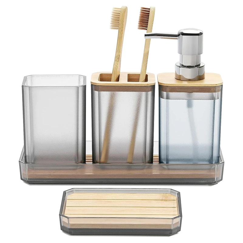 

5 Pcs Bathroom Accessory Set Soap Dish, Toothbrush Holder, Toothbrush Cup, Vanity Trayr (Grey)