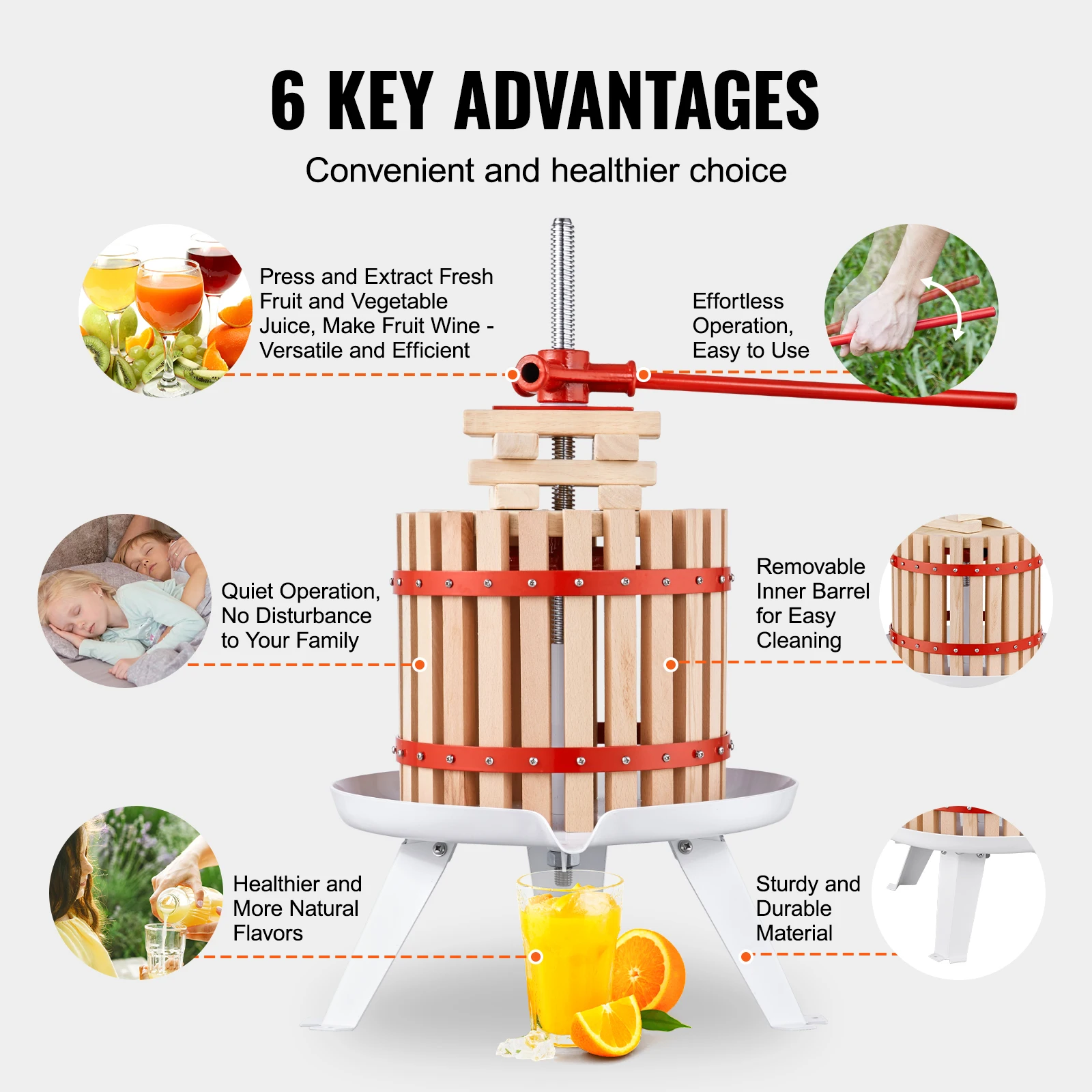 Fruit Wine Press 6L/18L/12L Solid Wood Basket 6 or 8 Blocks Manual Juice Maker with Pole Handle Bar for Kitchen and Home