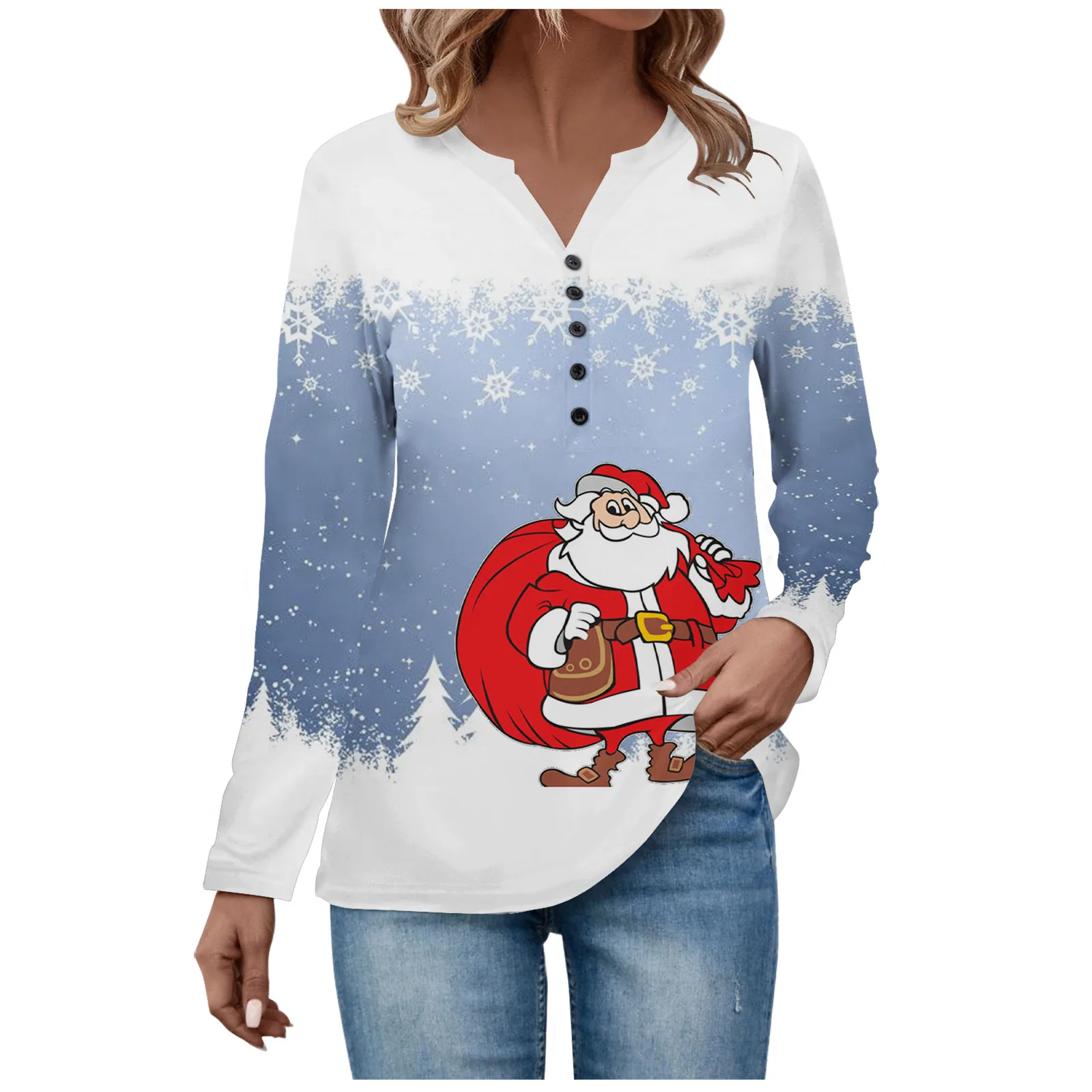 

Women's V Neck Button Tops Christmas Cartoon Long Sleeve T-shirt Fashion Santa Claus Tops Tunic Women's Casual Shirt Tops