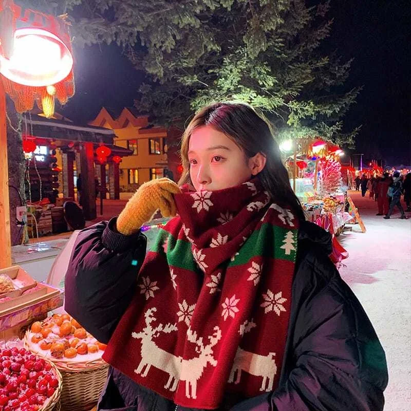 Christmas Gift Red Deer Scarf Female Autumn Winter Warm Versatile Student Couple Korean Version New Year Neck Scarf