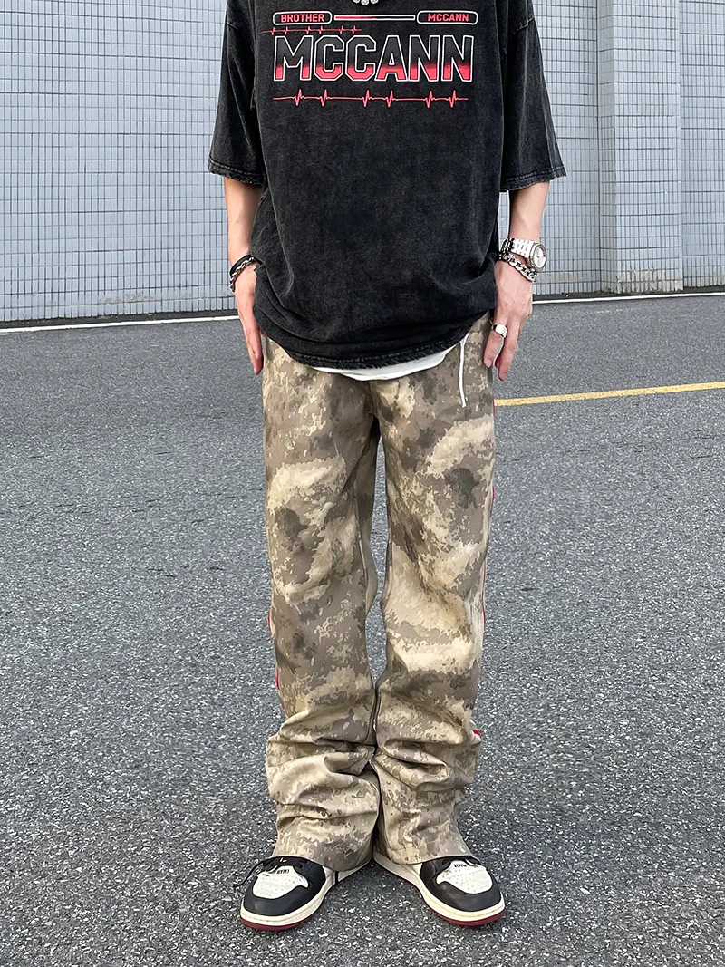 American Hip Hop High Street Y2K Zipper Split Casual Camo Pants Men's Fashion Fashion Brand Loose Straight Leg Pants