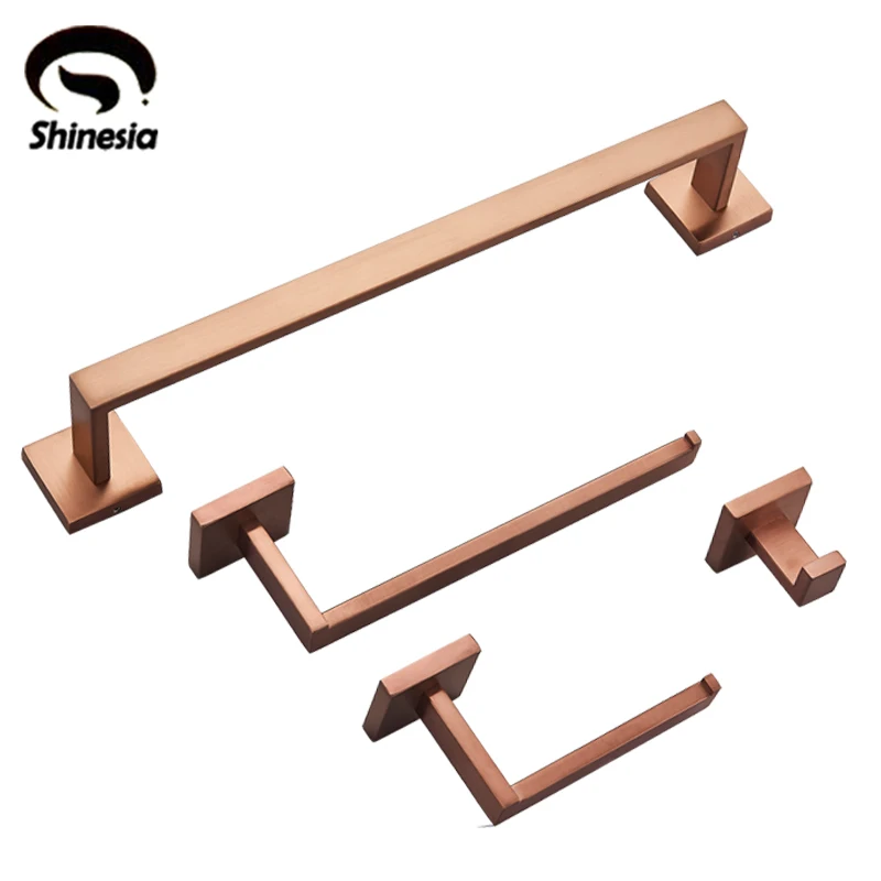 Shinesia Bathroom Accessories Hardware Set Rose Golden Wall Toilet Roll Paper Holder Robe Hook Towel Rack Stainless Steel