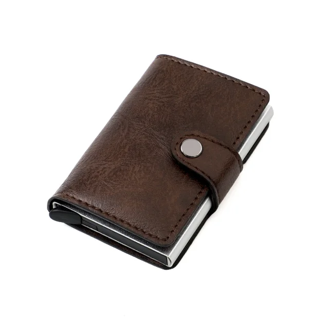 Blocking Vintage Men Credit Card Holder Aluminum Alloy Business ID Card Case Automatic Male Metal Leather Cardholder Wallet 2021 Brown