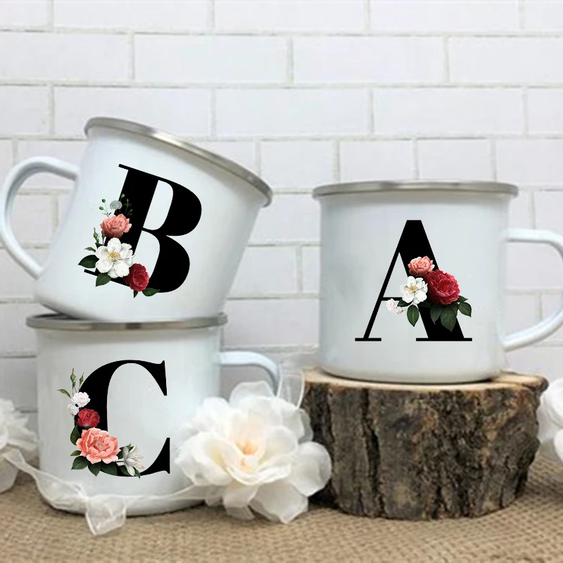 

Letter Printed Enamel Mugs Creative Vintage Coffee Tea Cups Drinks Dessert Breakfast Milk Cup Mug Handle Drinkware Wedding Gifts