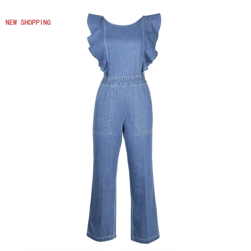 Sexy Backless Jeans Jumpsuit 2023 summer Spring New Ruffled Bodysuit American Fashion Lace Up High Waist Playsuits Streetwear