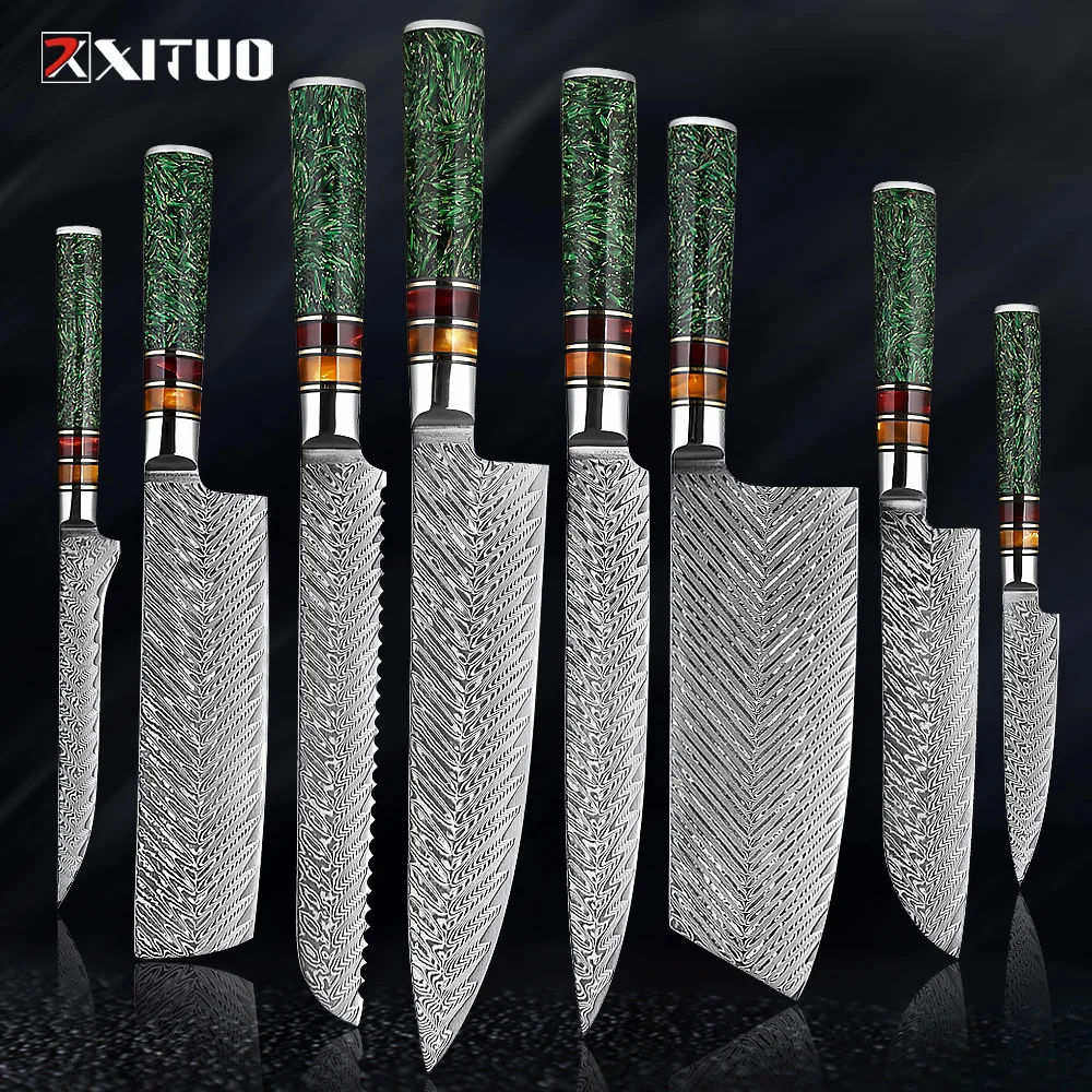

XITUO 1-8 Piece 67 Layers Damascus Steel Kitchen Knives Sharp Cut Food Multipurpose Green Grain Shell Resin Handle Kitchen Tools