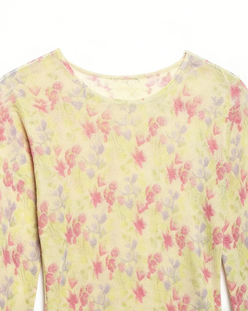 Women's Spring Y2K Retro Crew Neck Sheer Mesh Knit Floral Print Slim Long Sleeve Top, Streetwear, Ideal for Jeans and Daily