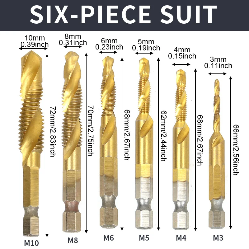 Bohrer-Wasserhahn-Set aus Titanlegierung mit sechseckigem Schaft, metrisches Gewinde M3-M10, selbstschneidender Bohrer-Werkzeugschaft, drei in einem Set