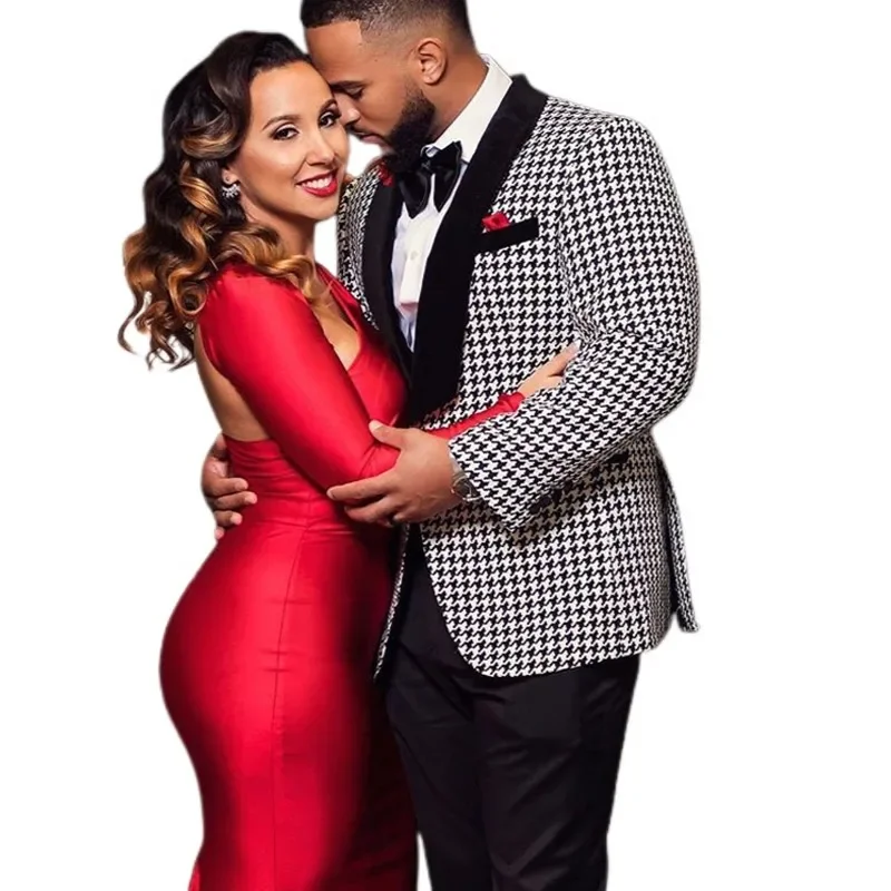 Houndstooth Prom Suits for Men Wedding 2 Pieces Groom Tuxedo Slim Fit African Male Blazer with Black Pants Fashion Costume
