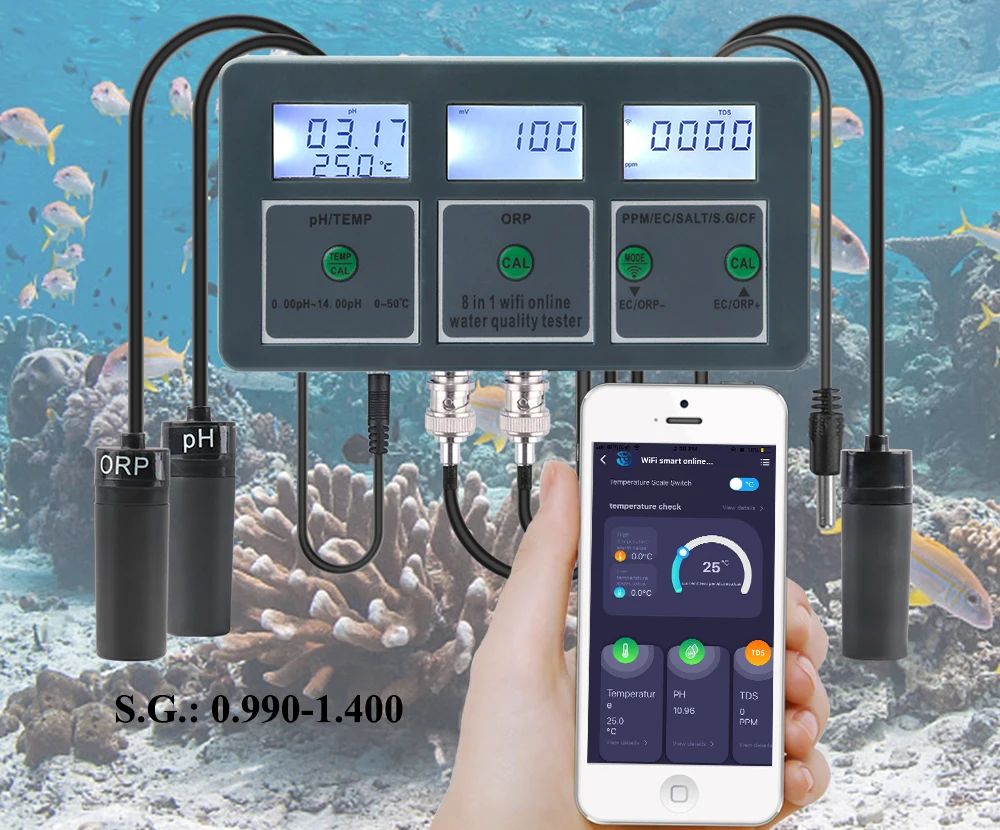 

Wifi APP Online Remote Monitoring Hydroponics Aquarium Water Quality Tester 8 in 1 PH EC TDS SALT S.G. ORP CF Temperature Meter