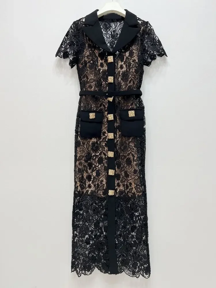 

EVACANDIS Water Soluble Lace Black Color Turn-Down Collar Women Short Sleeve Slim Pencil Dress Pockets Buttons High Waist Lady