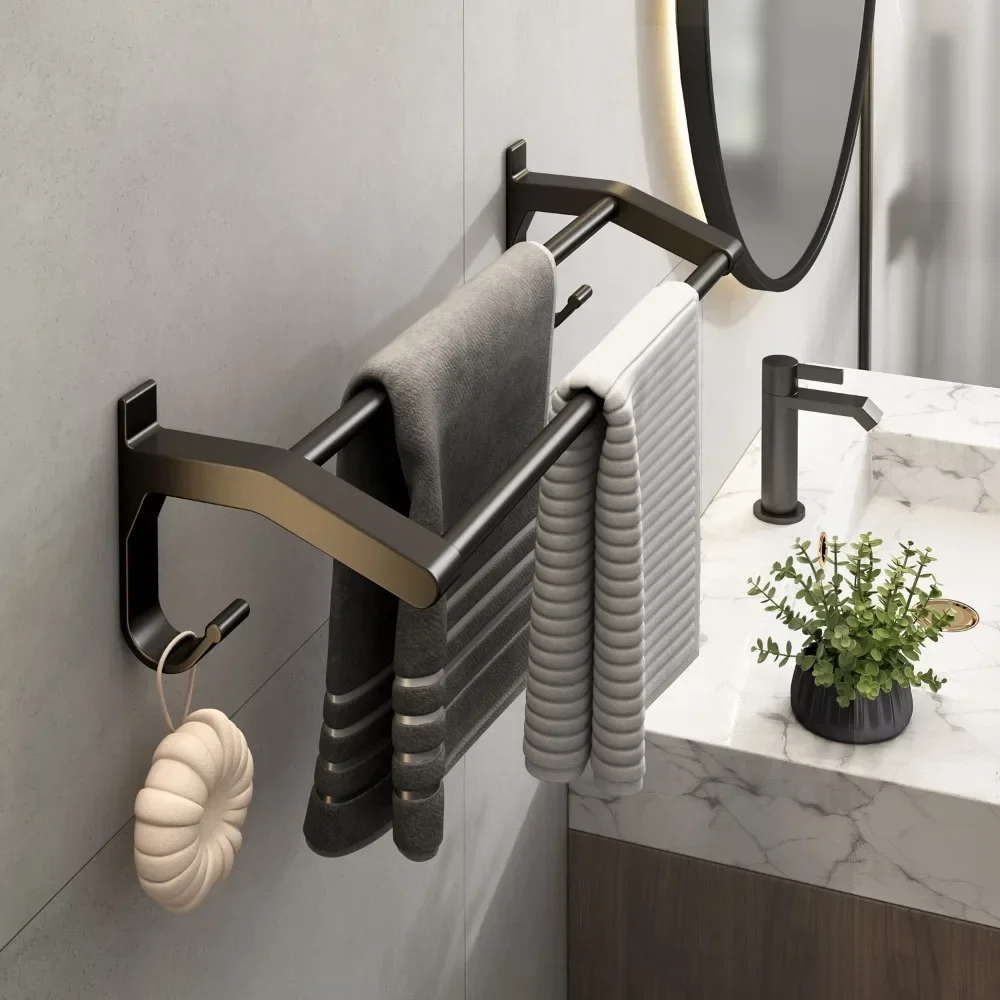 Bath Hardware Sets Towel Rack Shower Bar Rail Holder Double Shelves Hooks Hanger Paper Tray Toilet Brush Holders Black Aluminum