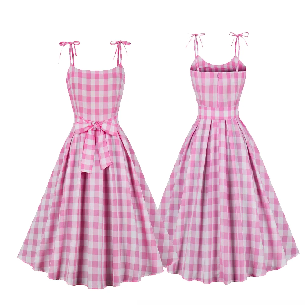

Movie Barbier Cosplay Costume Pink Plaid Bow Tie Large Swing Dress Outfits Anime Girls Halloween Carnival Party Disguise Clothes