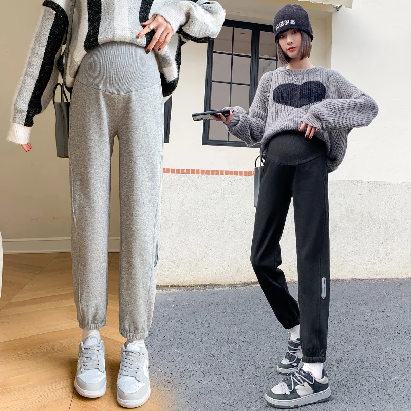 

M-3XL Pregnant Woman Autumn Winter Trousers Plus Size Slim Hem Maternity Sports Pants Long Loose Pregnancy Sweatpants Black Grey