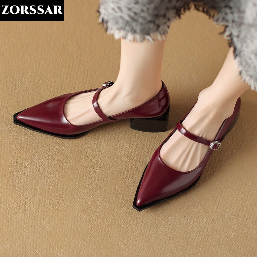 Spring 2024 New Women's Mary Janes Shoes High Quality Leather Low Heel Dress Shoes Pointed Toe Shallow Buckle Strap Women's Shoe