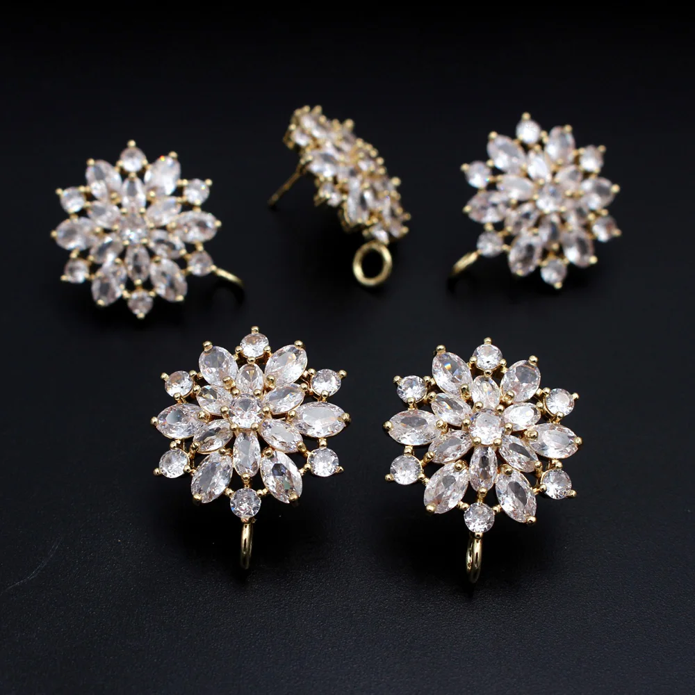 

6pair Gold Plated Flower Cluster Ear Posts Studs Clear Cubic Zirconia Earrings Linker Connectors DIY Jewelry Accessories