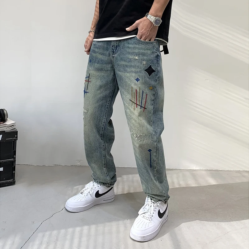 New American Style Embroidered Straight Leg Jeans For Men'S High Street Trendy Retro Loose Floor Casual Versatile Denim Pants