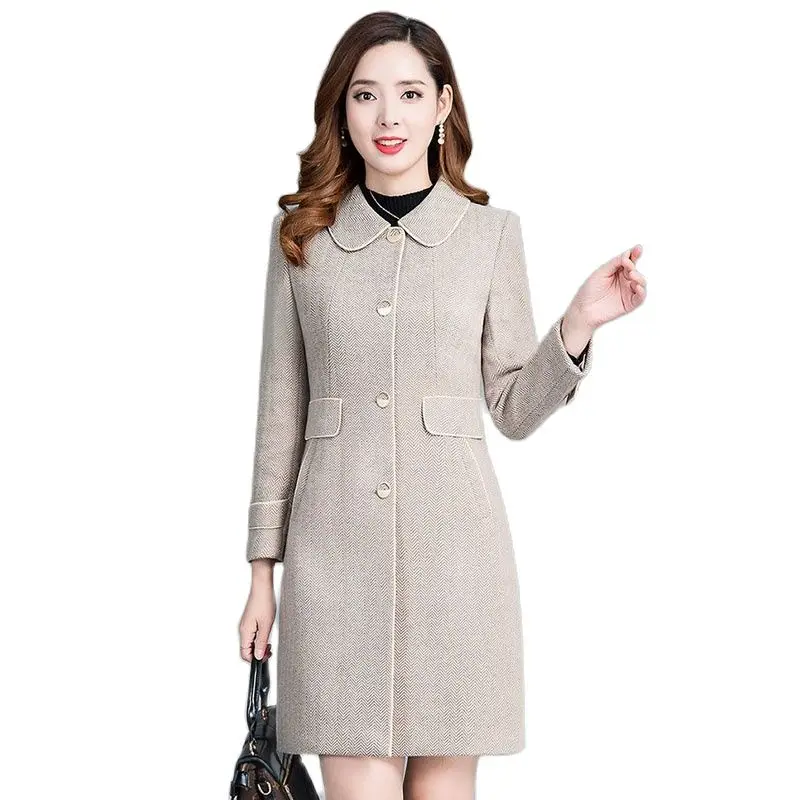

Spring Autumn Female Woolen Jacket Medium Long Korean Version Temperament Slim Fit Woolen Outcoat Leisure Elegant Women Coat