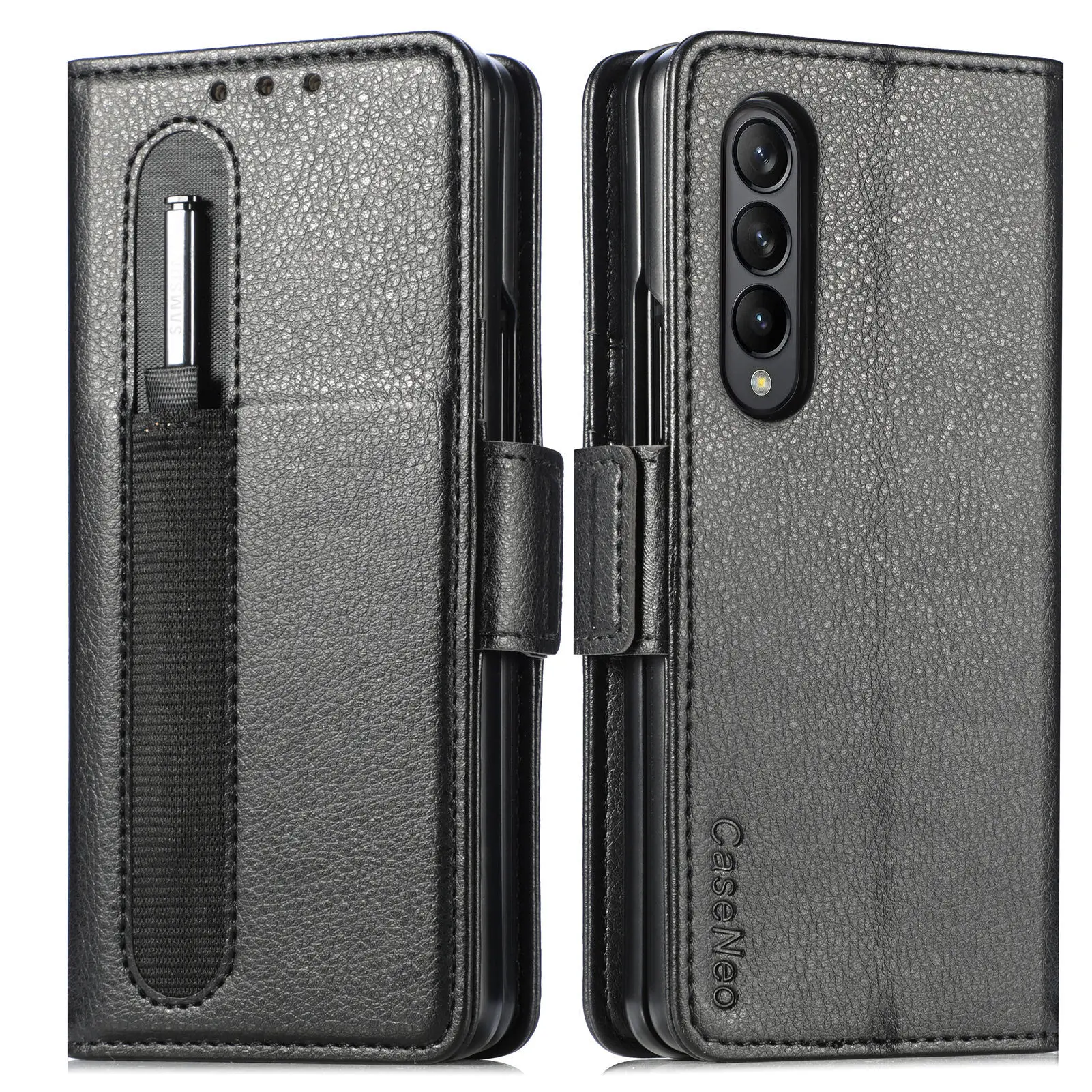 Premium Lychee Pattern Leather Case for Samsung Galaxy Z Fold 4 3 with Pen Holder Multifunctional Wallet Design Anti-Drop Cover