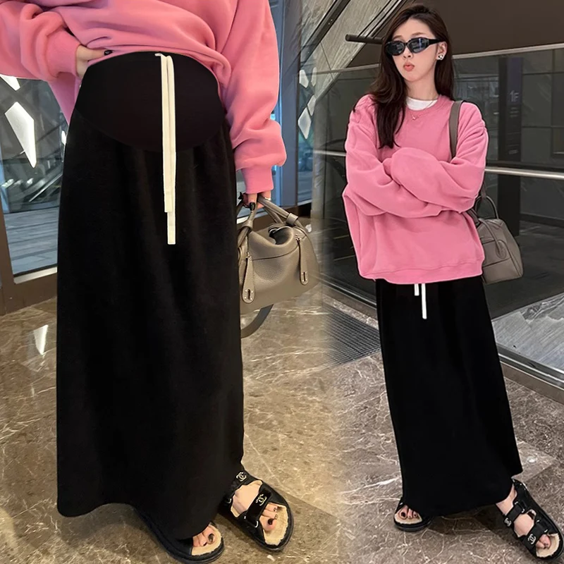 Autumn Winter Cashmere Long Skirts Maternity One Size Stretch Elastic Waist Belly Loose Straight for Pregnant Women Pregnancy