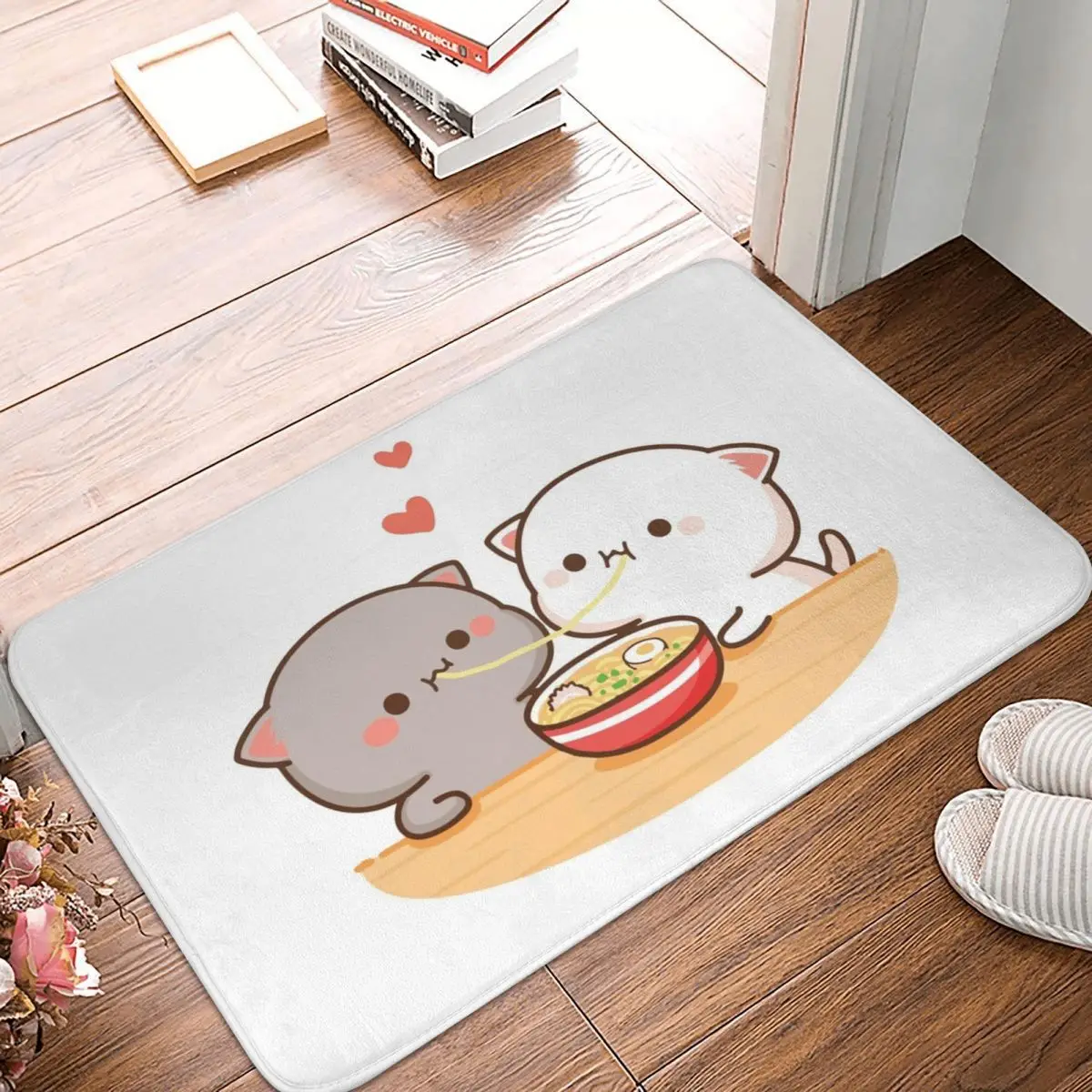 Peach And Goma Mochi Cat Eating Ramen Polyester Doormat Rug Carpet Mat Footpad Nonslip
