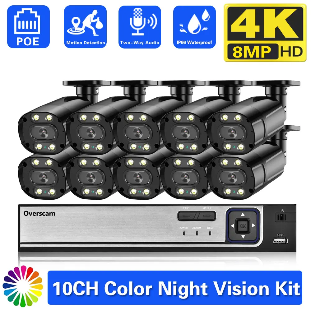 

4K Security Camera System H.265 10CH NVR PoE Smart 8MP Super Color Full Night Vision Audio Water Proof Camera Security System